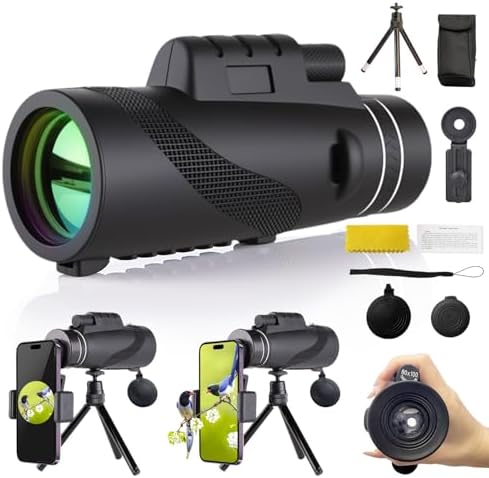 Monocular Telescope 80x100 High Powered Waterproof Monoculars for Adults with Smartphone Adapter Tripod Monocular for Wildlife Bird Watching Hunting Hiking Camping Travel, Black