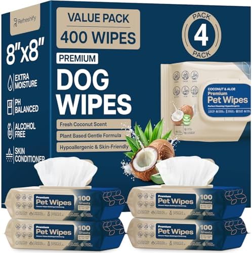 REFRESHIFY Dog Wipes for Paws and Butt - Coconut Scented (Pack of 400) - Pet Wipes for Dogs and Cats - Deodorizing Non Toxic Dog Wipes, +12 Additional Travel Wipes