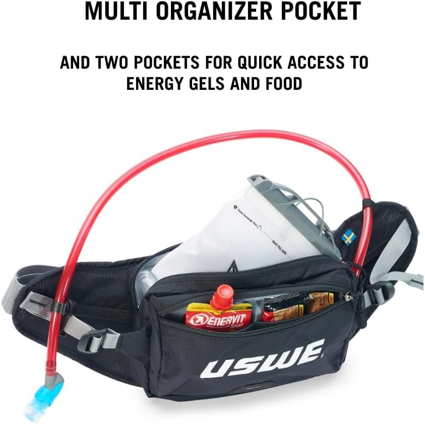 USWE Zulo Hydration Hip Pack - with Organizer and Side Pockets, Bounce Free Hip Belt (Carbon Black, 2L)