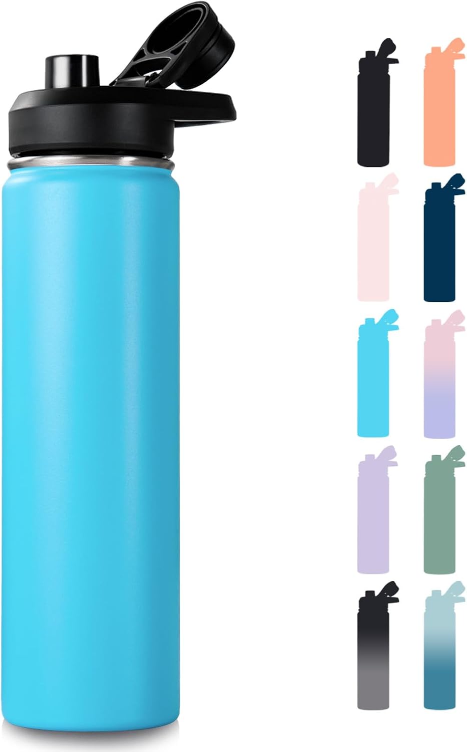 Fijinhom Insulated Water Bottle with Handle, 304 Stainless Steel Water Bottles with Wide Mouth, Double Wall Vacuum Sports Water Bottle, BPA Free, Keep Cold and Hot, 24 Ounces, Black/Gray