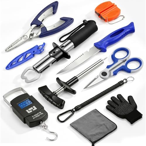 Fishing Tool Kit - Fishing Pliers, Hook Remover, Fish Gripper，Fish Scale, Fish Knife, Saltwater Fishing Gear with Sharpeners, Best Gifts for Men