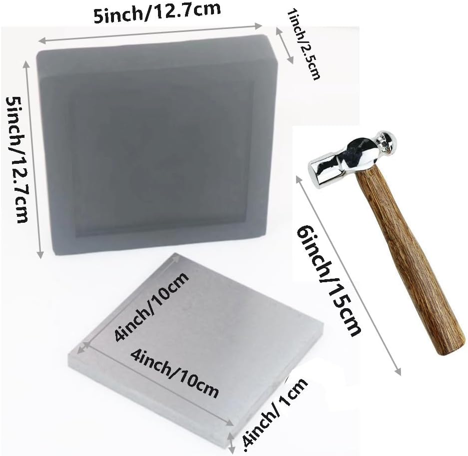 Steel Bench Block Flat Anvil Jewelers Tool with Rubber Block and Stamping Hammer for Jewelry Repairing, Metal Stamping
