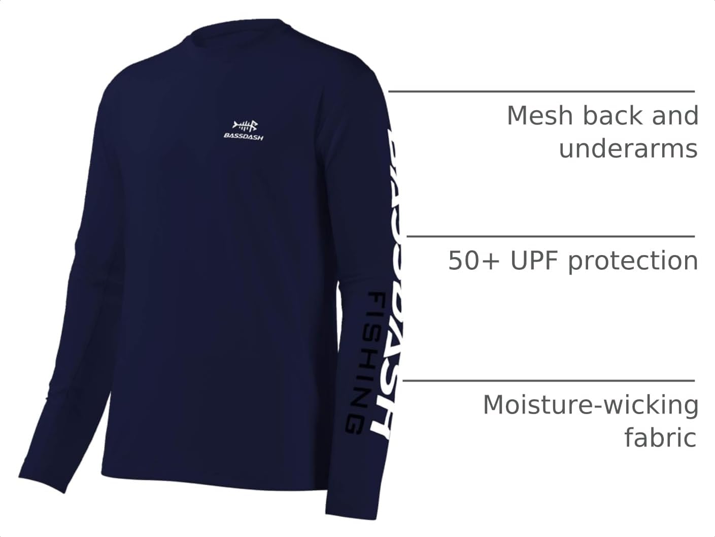 BASSDASH Fishing T Shirts for Men UV Sun Protection UPF 50+ Long Sleeve Tee T-Shirt