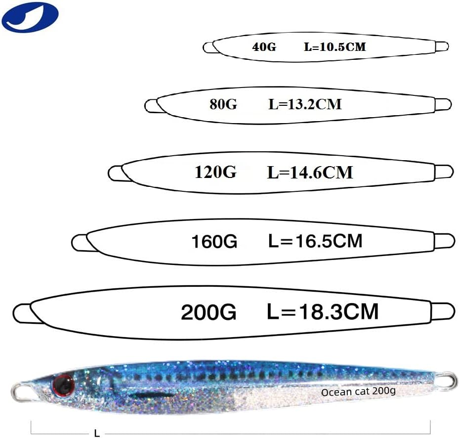 OCEAN CAT 1 PC Slow Fall Pitch Fishing Lures Sinking Lead Metal Flat Jigs Jigging Baits with Hook for Saltwater Fishing 4 Colors 160G/200G