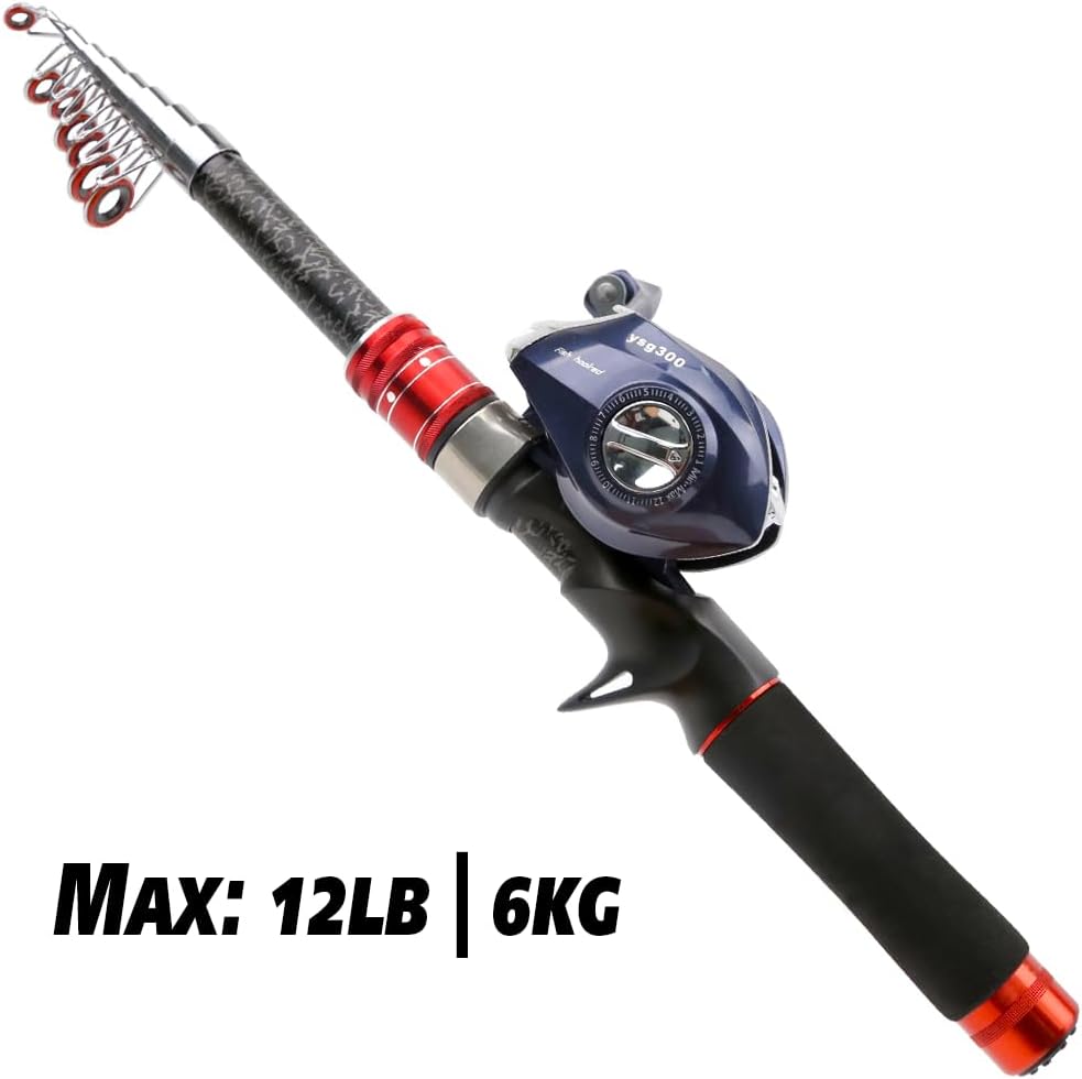 Telescopic Fishing Rod and Reel Combos, Carbon Fiber Fishing Rod with Stainless Steel Baitcasting Reel Portable Fishing Pole Reel Combo for Travel Saltwater Freshwater