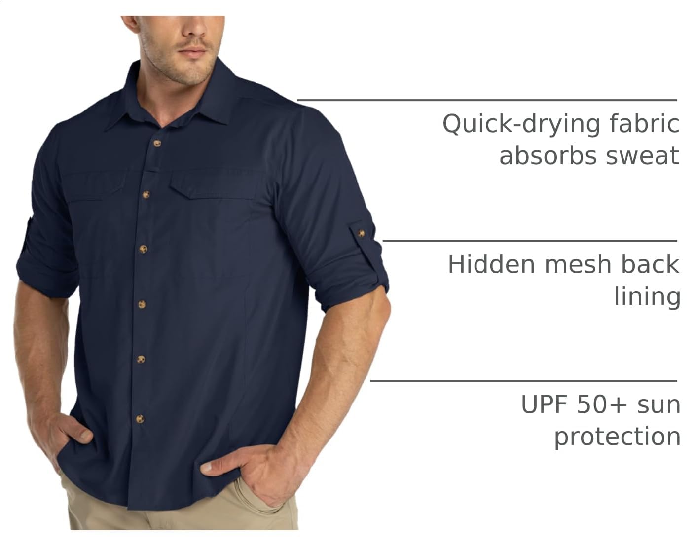 33,000ft Men's Long Sleeve Hiking Shirts Lightweight Quick Dry Sun Protection UV UPF 50 Fishing Shirt Outdoor Safari Travel