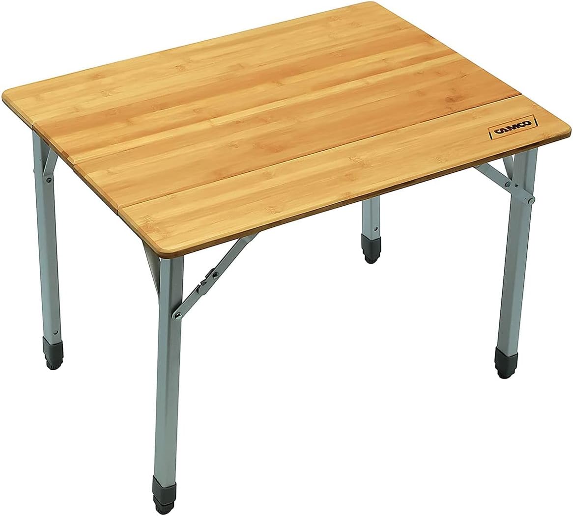 Camco Bamboo Folding Camping Table with Aluminum Legs - Natural Bamboo Top Measures 25 ½ x 19 ¾-inches & Supports Up to 85lbs - Lightweight for Added Portability & Includes Storage Bag (51895)