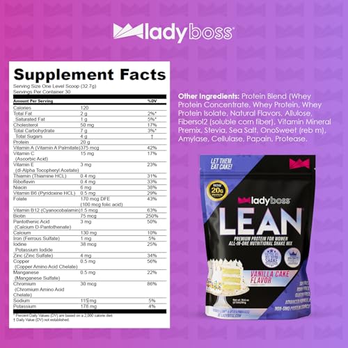 LadyBoss Lean Meal Replacement Protein Shake Vanilla Cake Flavor with 20G Whey Protein, 20 Vitamins & Minerals - Craving Support - 30 Servings