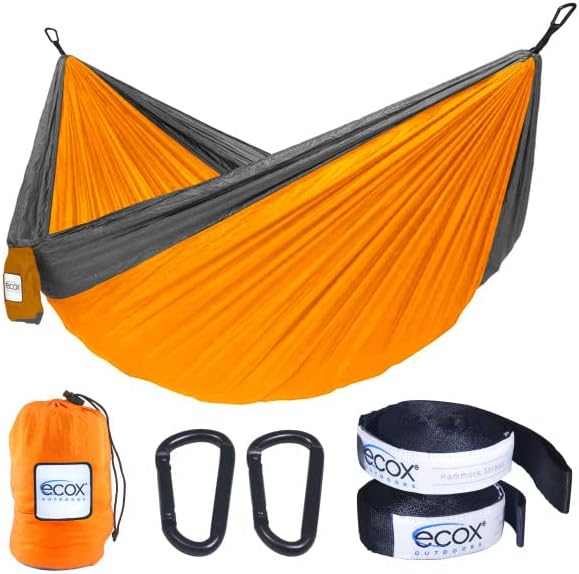 ecox Outdoors Parachute Hammock Single with 2 Tree Straps, Portable Lightweight Nylon Comfortable for Backpacking, Camping, Travel, Beach, Backyard, Patio, Hiking