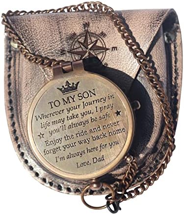 Brass Engrved Compass for Men, Pocket Compass with Leather Case, Antique Handmade Religious Gift Idea for Graduation, Communion, Baptism (to My Son, Love Dad)