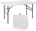 SUPER DEAL Portable 4 Foot Plastic Folding Table, Small Indoor Outdoor Heavy Duty Fold-in-Half Picnic Party Camping Barbecues Table with Carrying Handle, White
