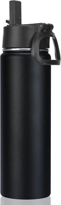Neihepal 22 oz Insulated Water Bottle with Straw Lid, Double Walled Vacuum Stainless Steel Water Bottles Leak Proof, Wide Mouth (Black,1 Pack)