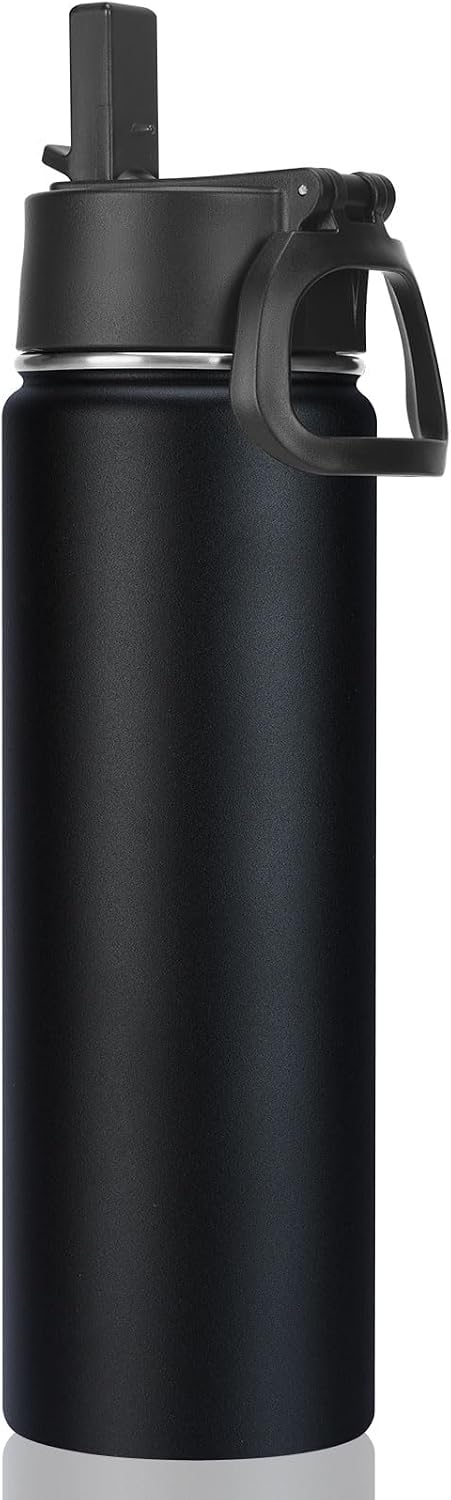 Neihepal 22 oz Insulated Water Bottle with Straw Lid, Double Walled Vacuum Stainless Steel Water Bottles Leak Proof, Wide Mouth (Black,1 Pack)
