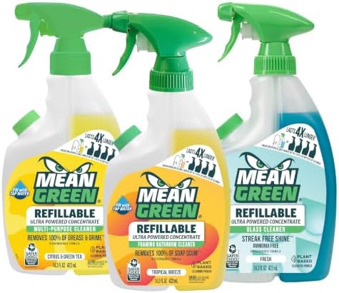 Mean Green Ultra Powered Refillable Cleaner Concentrate Variety 3 Pack – Multi-Purpose Citrus & Green Tea, Bathroom Tropical Breeze, Glass Fresh – 14.3 fl oz Each