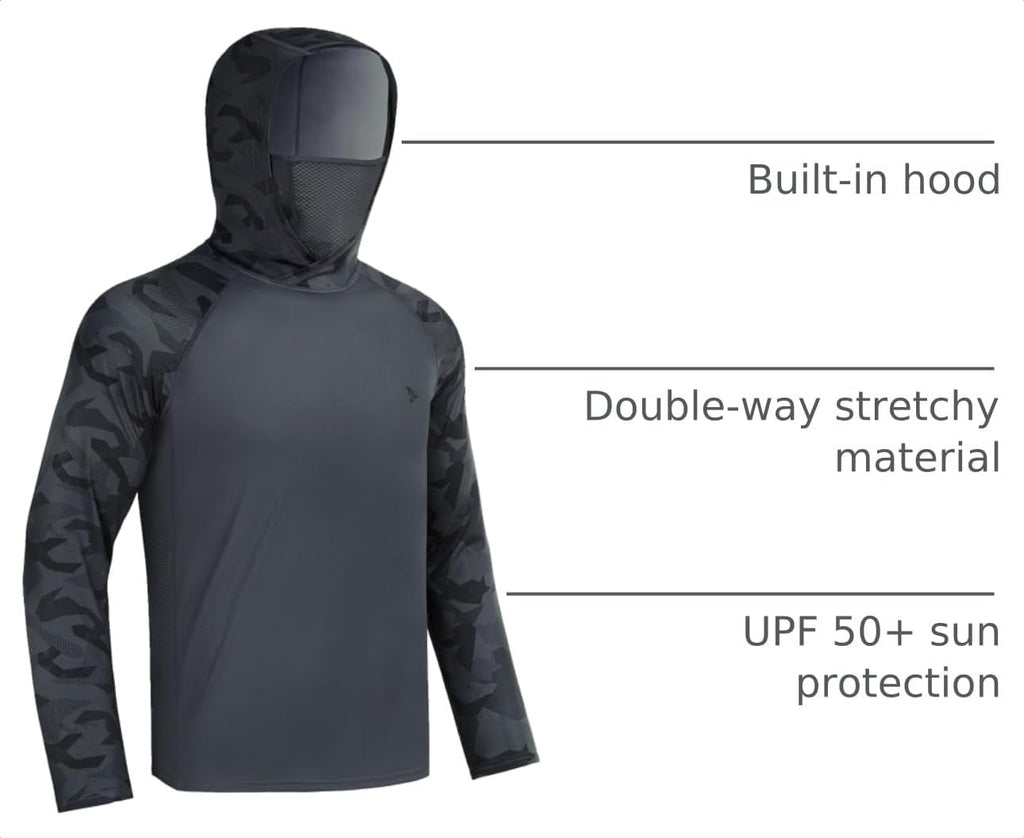 Rodeel UPF 50+ Men’s Long Sleeve Performance Fishing Hiking Shirt with Mask UV Neck Gaiter Hoodie