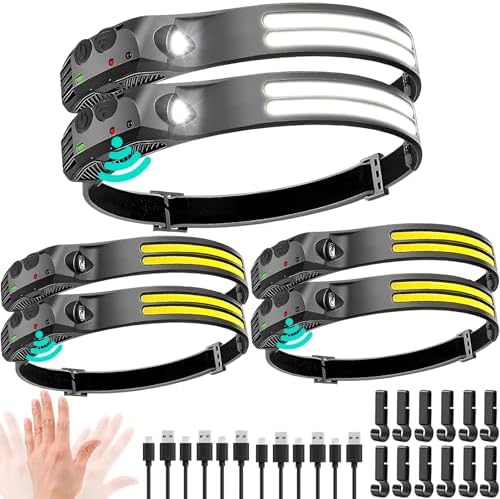 Beccason LED Headlamp Rechargeable 6PCS - 230° COB Super Bright Head Lights for Forehead, Hard hat Light for Adults, USB C Headband Flashlight for Work, Hiking, Running, Camping Essentials Gear