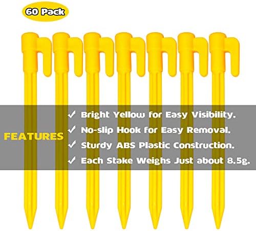 60 Pack Plastic Tent Pegs Garden Landscape Stakes 5.7 Inch for Anchoring Garden Netting, Camping Tents, Rain Tarps and Landscape Fabric Lawn Edging Yellow
