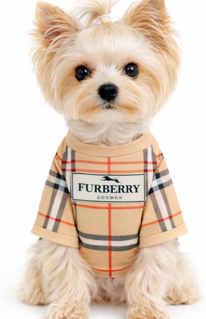 Luxury Designer Dog T Shirt – Trendy Puppy Clothes for Small Dogs, Fashion Pet Tee for French Bulldogs & Chihuahuas, Everything Chic Dog Apparel (FurberryTee, Small)
