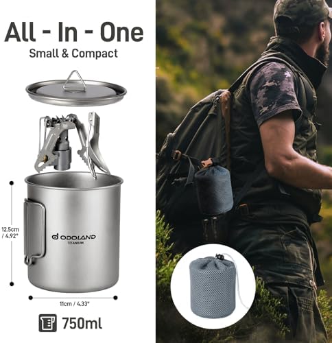 Odoland Titanium Camping Cookware 750ML Titanium Pot with Camping Stove and Spork Portable Pot for Backpacking, Hiking, Traveling and Picnic