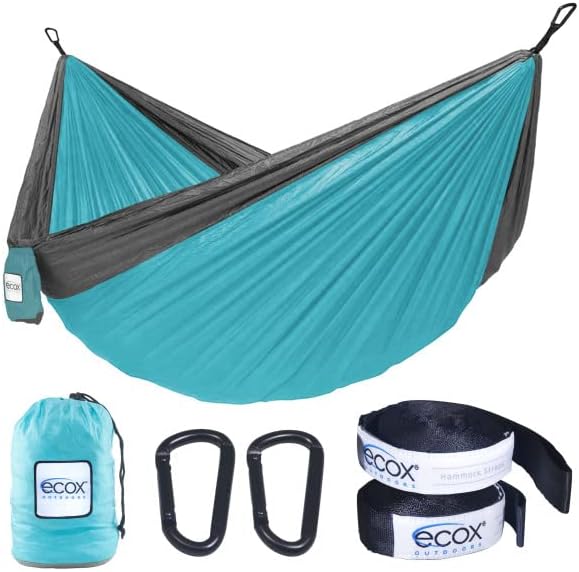 ecox Outdoors Parachute Hammock Single with 2 Tree Straps, Portable Lightweight Nylon Comfortable for Backpacking, Camping, Travel, Beach, Backyard, Patio, Hiking