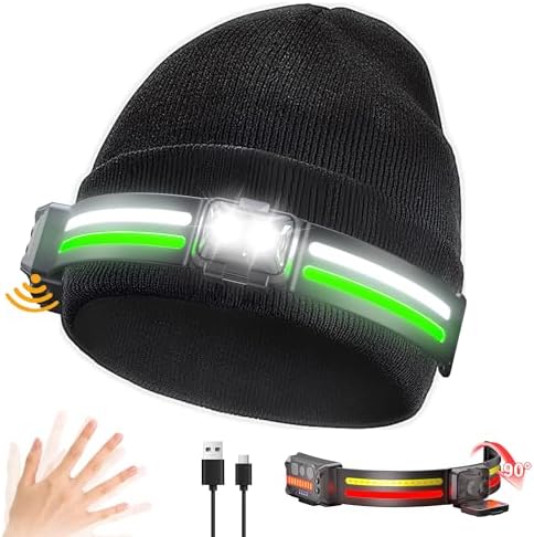 EGUKU Rechargeable Headlamp Beanie, 1200Lumens Bright Beanie with Light, 260°Wide Beam Unisex Hat Headlamp 11 Lighting Modes, Hat with Red&Green Light 5oz Lightweight for Women Men