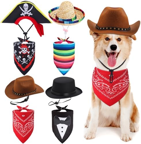 Eccliy 4 Sets Dog Costume Hat Bandana Pirate Cowboy Sombrero Tuxedo