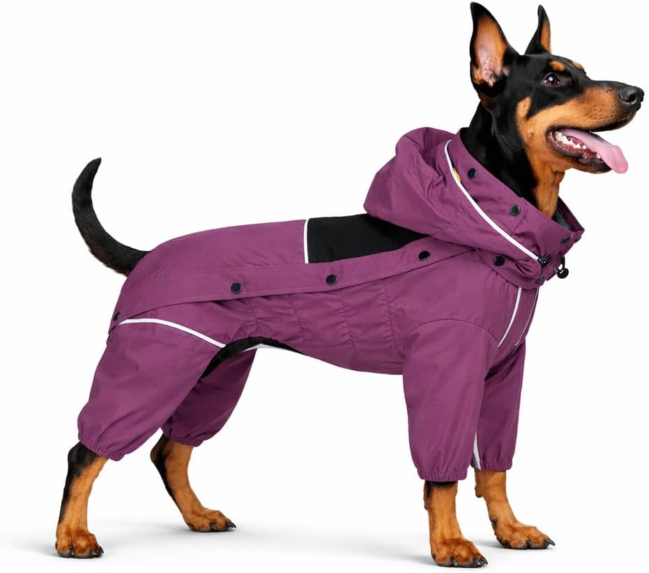 LOVELONGLONG Waterproof Dog Raincoat with Removable Hood – Outdoor Full Body Dog Jacket, Windproof Snowproof Shell Suit – All Season Pet Rain Gear Plum Purple 3XL
