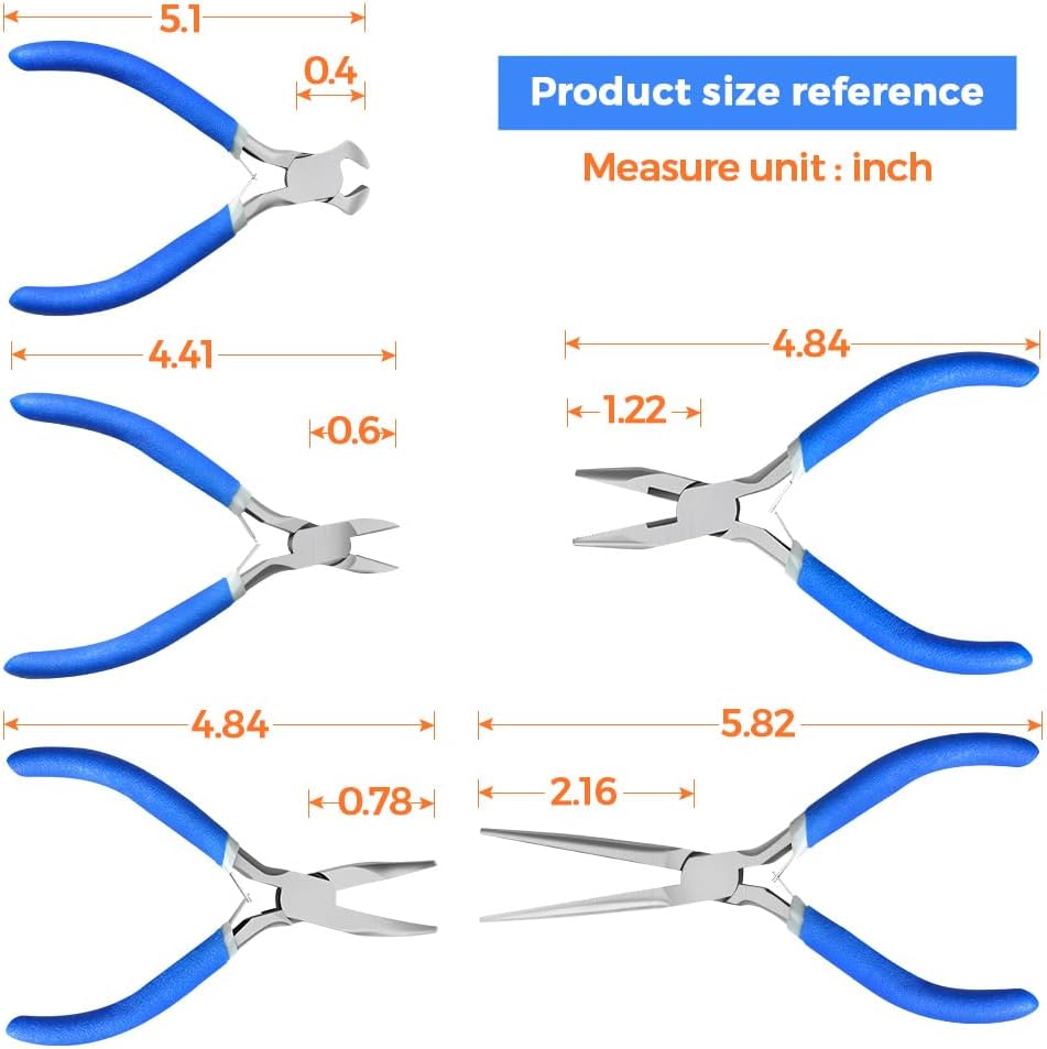 LIFEGOO 5 Pieces Mini Pliers Set – Durable Precision Tool Kit for Crafts, Jewelry & DIY, Includes Long Needle Nose, Bent Nose, Diagonal, End Cutting, Nipper (Blue)