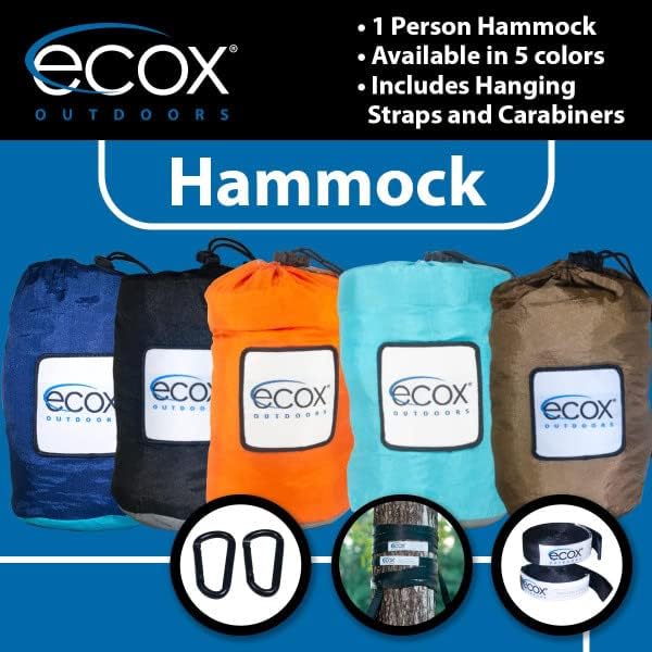 ecox Outdoors Parachute Hammock Single with 2 Tree Straps, Portable Lightweight Nylon Comfortable for Backpacking, Camping, Travel, Beach, Backyard, Patio, Hiking