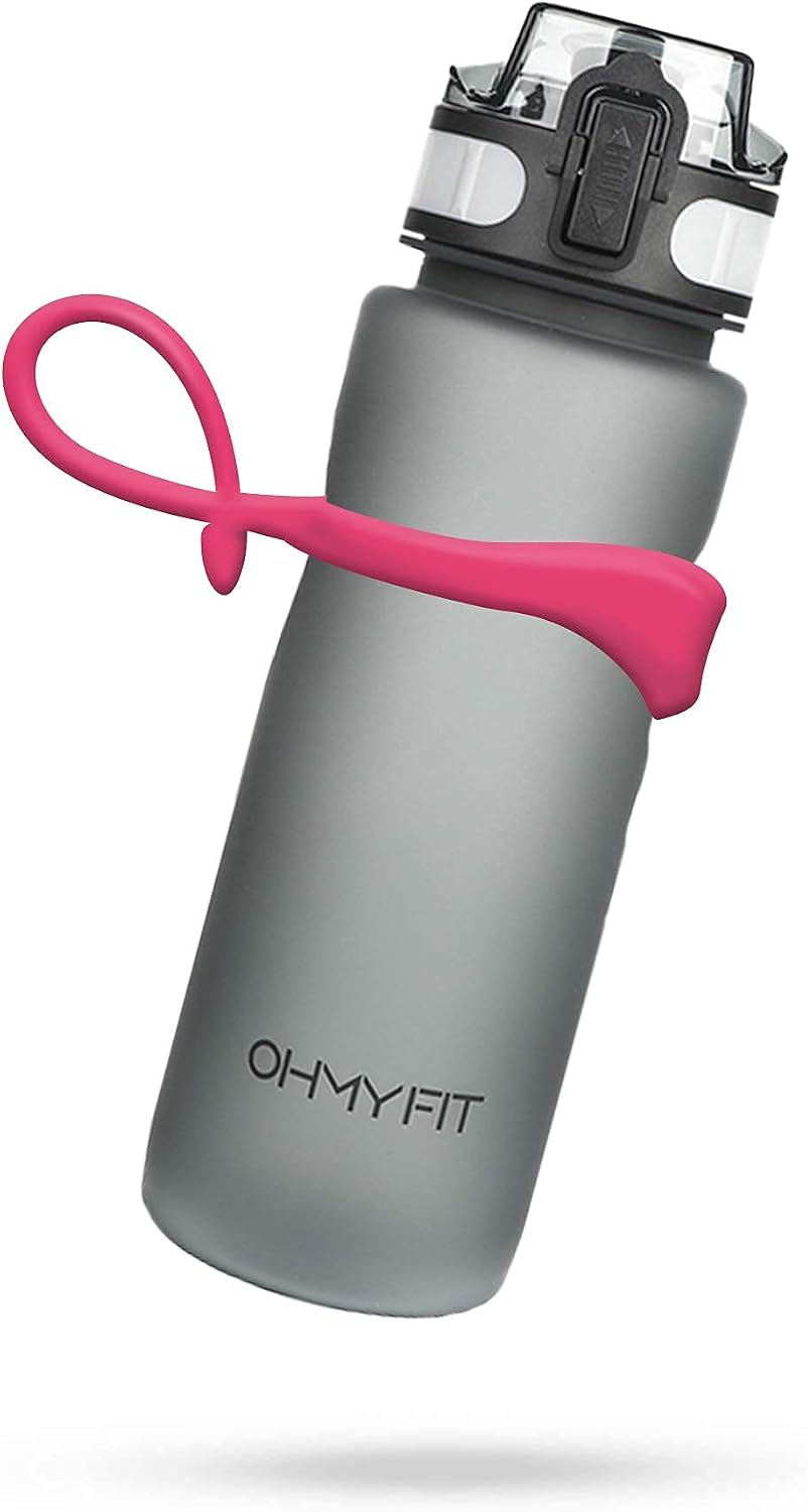 Tritan Sports Water Bottle with Magnetic Silicone Carry Strap & One Click Open Cap - Magnetic Drink Holder for Metal Equipment - Bottle w/Straps for Backpack, Belt & More (18oz, Fuschia)