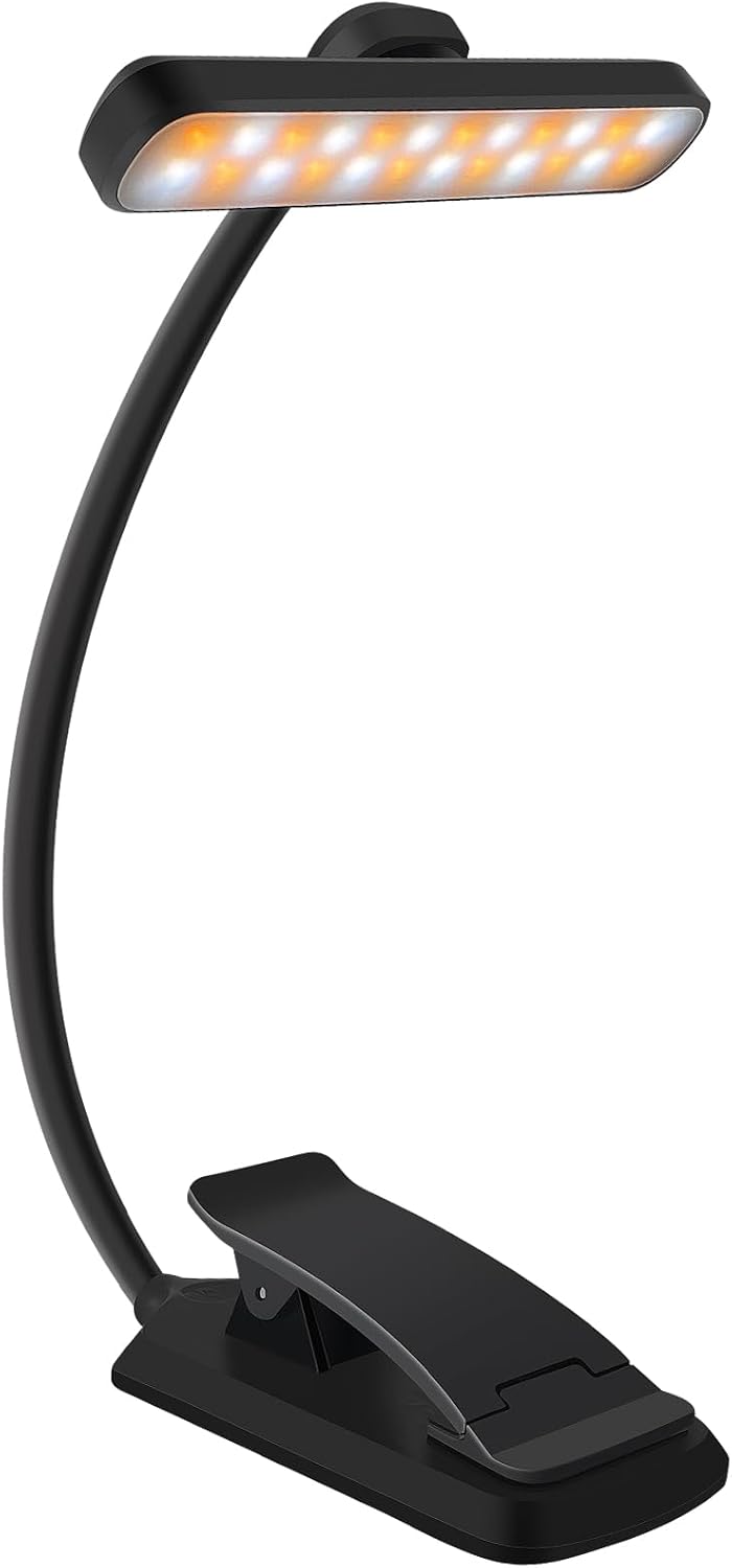karidi Rechargeable 24 LED Book Light for Reading, 360° Flexible Gooseneck, 5 Color Tones, Clip-on for Books/Tablet/Bed, USB-C, 80H Glare-Free Eye Care (Black)
