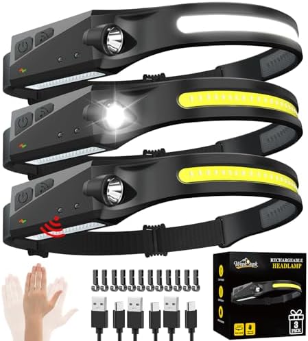 Rechargeable Headlamp 3PCS, 230° LED Head Lamp, Head Lights for Forehead | Motion Sensor, Bright Wide Beam, 5Mode Headband Light, Hard Hat Light, Headlight for Adults Mechanic Camping Essentials Gear
