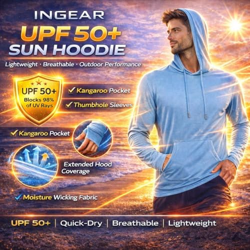 INGEAR Sun Shirts for Men - Lightweight SPF 50+ UV Protection Hoodie with Pocket for Fishing, Running, Hiking, Swim Rashguard Marina Blue