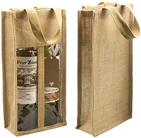 DIWNELEM 2 Pack Burlap Wine Gift Bags with Two Window Double Window Two Bottles Burlap Jute Wine Bottle Bag for Wedding, Party Favors, Christmas, Holiday and Wine Tasting Party