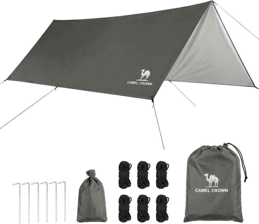 CAMEL CROWN Camping Tarp,3000mm Waterproof & UPF 50+ Sun Protection Rain Fly Tarp - Lightweight Portable Camping Shelter with Stakes, Guy Lines & Carry Bag, for Hiking Backpacking Beach Picnic Shade