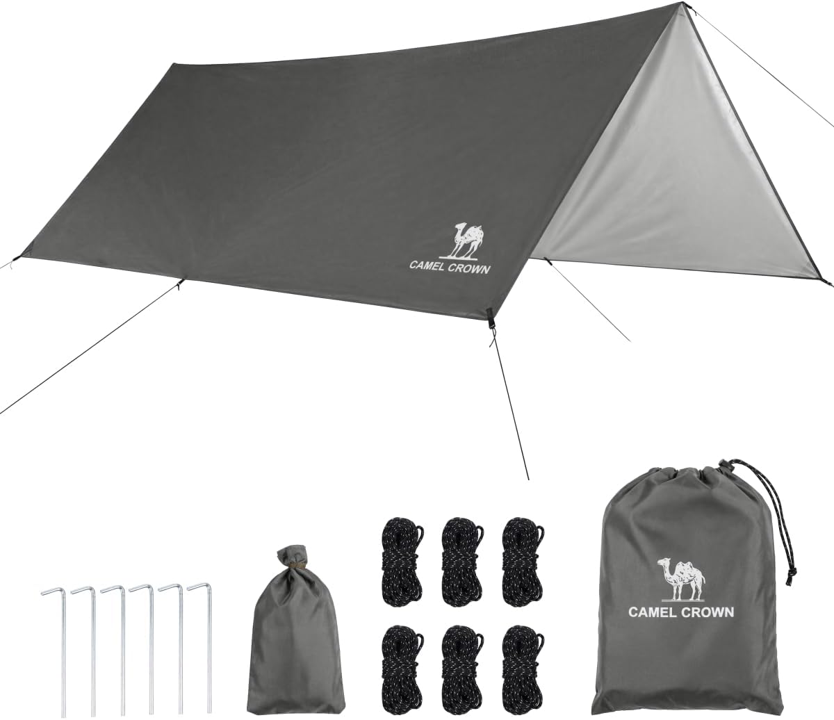 CAMEL CROWN Camping Tarp,3000mm Waterproof & UPF 50+ Sun Protection Rain Fly Tarp - Lightweight Portable Camping Shelter with Stakes, Guy Lines & Carry Bag, for Hiking Backpacking Beach Picnic Shade