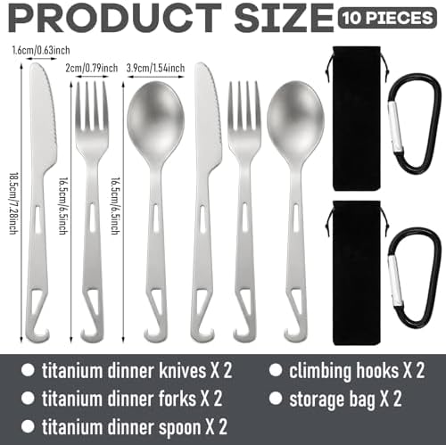 Hushee 6 Pcs Titanium Flatware Knife Fork Spoon Set Camping Utility Cutlery