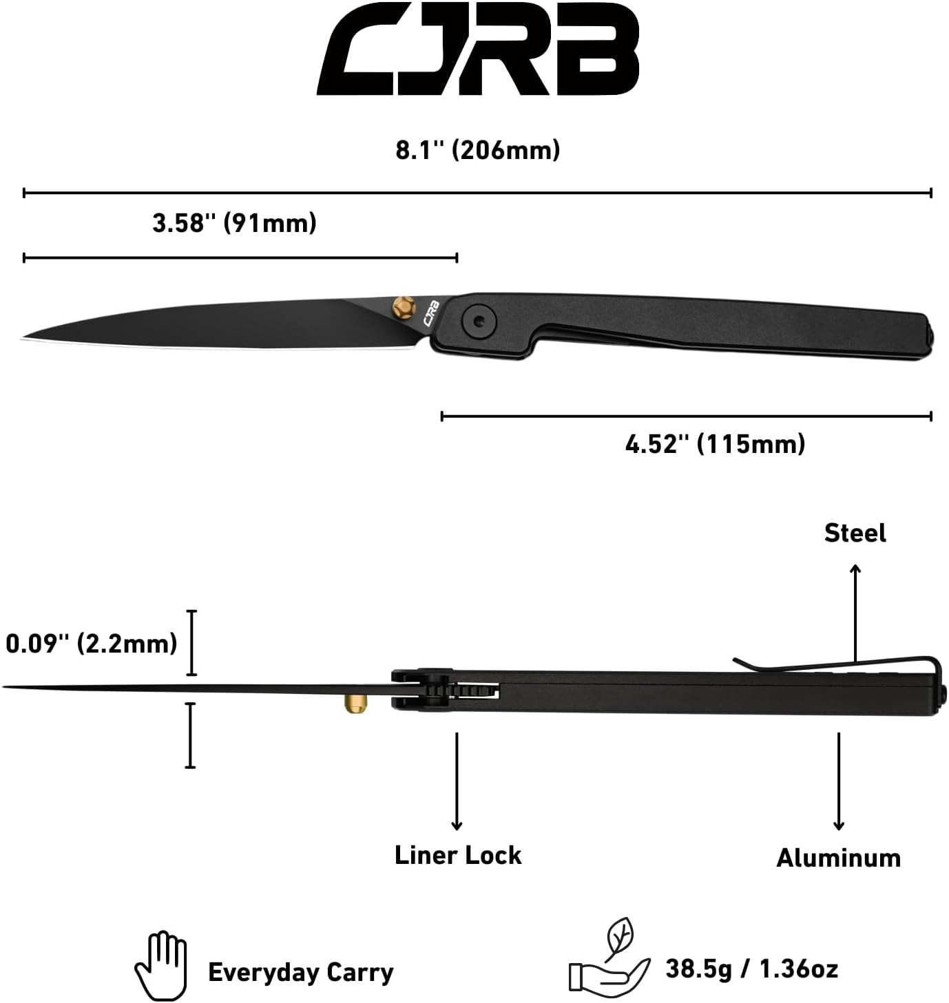 CJRB Lanky Pocket Knife for Men, 3.58" AR-RPM9 Steel Blade, Liner Lock