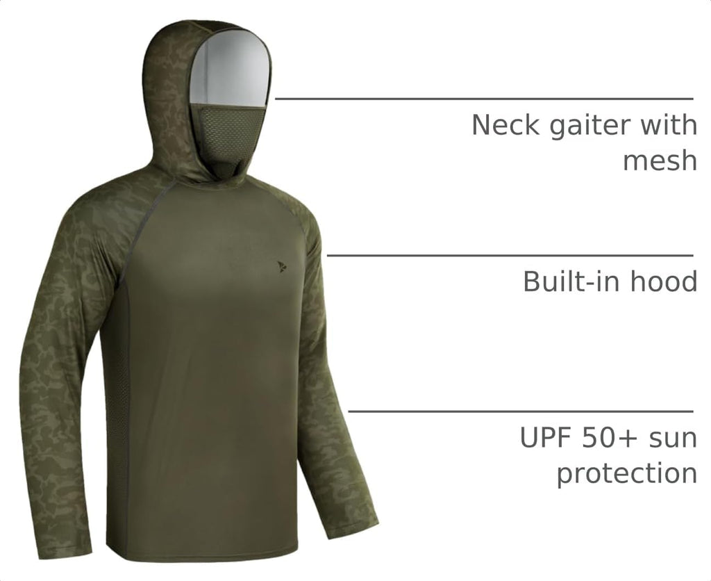 Rodeel UPF 50+ Men’s Long Sleeve Performance Fishing Hiking Shirt with Mask UV Neck Gaiter Hoodie