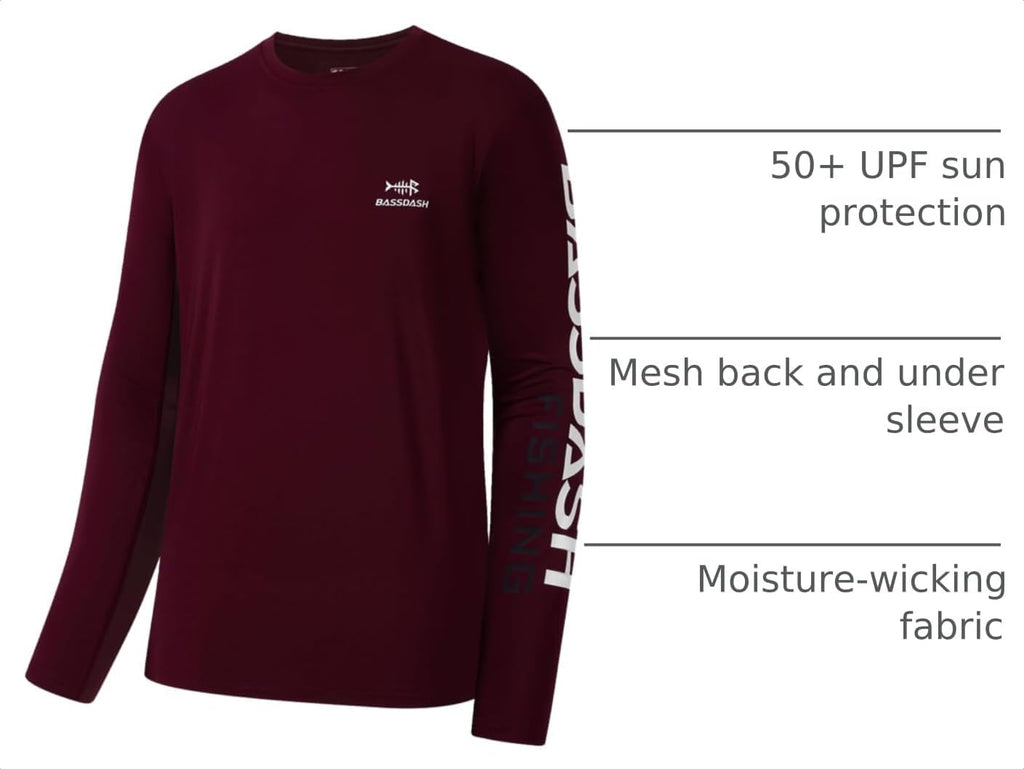 BASSDASH Fishing T Shirts for Men UV Sun Protection UPF 50+ Long Sleeve Tee T-Shirt