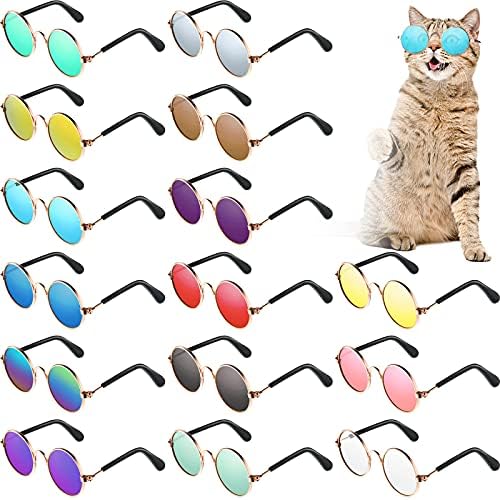 Weewooday 15 Pcs Dog Sunglasses Cat Glasses Round Retro Small for Pet Puppy