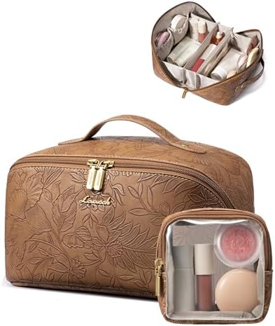 LOVEVOOK Travel Makeup Bag for Women, 2Pcs Large Capacity Cosmetic Organizer Bag, Waterproof PU Leather, Flat Open Portable Small Toiletry Pouch for Skincare, Brushes