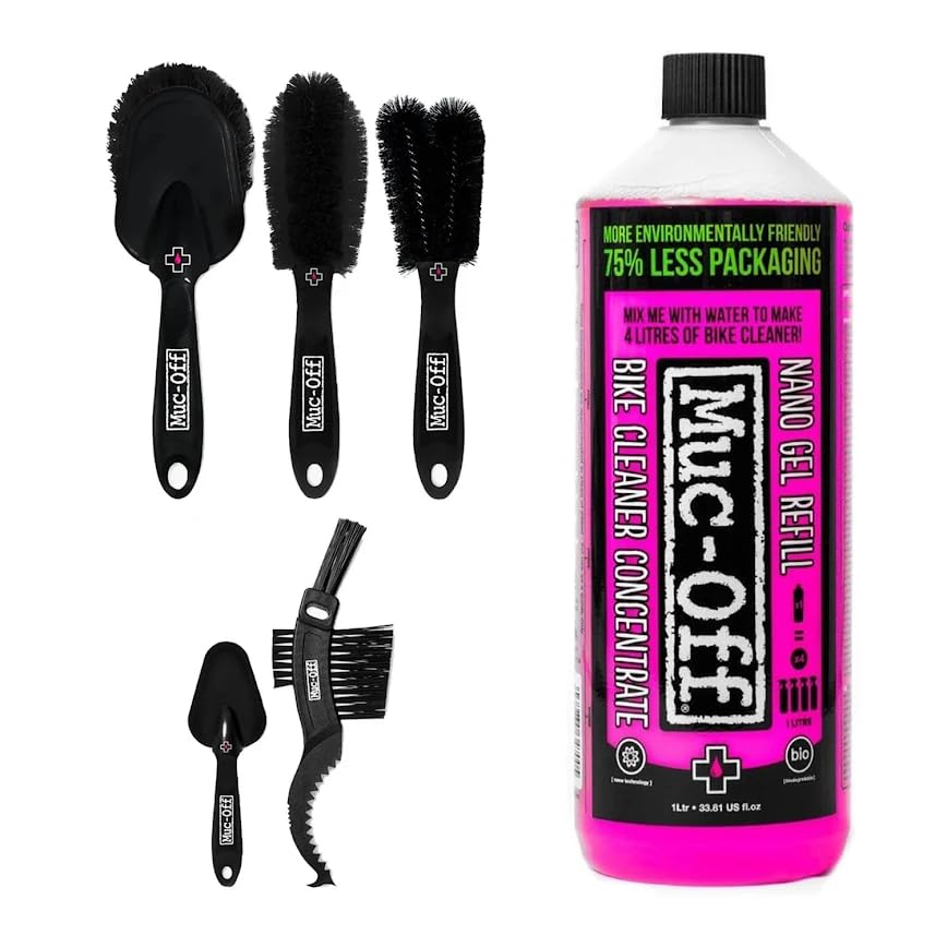 Muc-Off Nano Tech Bike Cleaner Concentrate 1L + 5 Brush Set | Powerful Eco-Friendly Bike and Motorcycle Cleaner | Safe on Carbon Fibre | Biodegradable Formula and Refill-Friendly