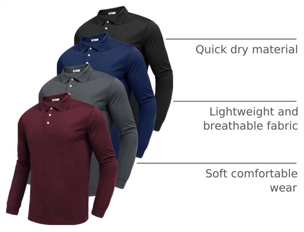 PINSPARK Men's Long Sleeve Golf Polo Shirts Moisture Wicking Quick Dry