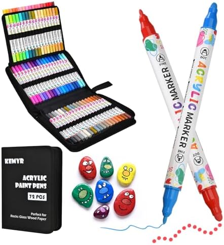 KEMYR 72 Colors Acrylic Paint Pens, Dual Tip Acrylic Paint Markers for Paper, Wood, Canvas, Stone, Rock Painting, Glass, Fabric, DIY, Ceramic, Art Supplies for Adults Drawing (Dot + Fine)