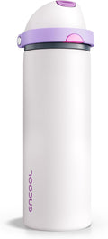 Insulated Water Bottle with Straw - Encool Stainless Steel Water Bottle with Push Button Lid, Leak-Proof & BPA-Free, Keeps Cold for 24 Hours for Sports, Travel, Gym (24 oz, Oyster Pink)