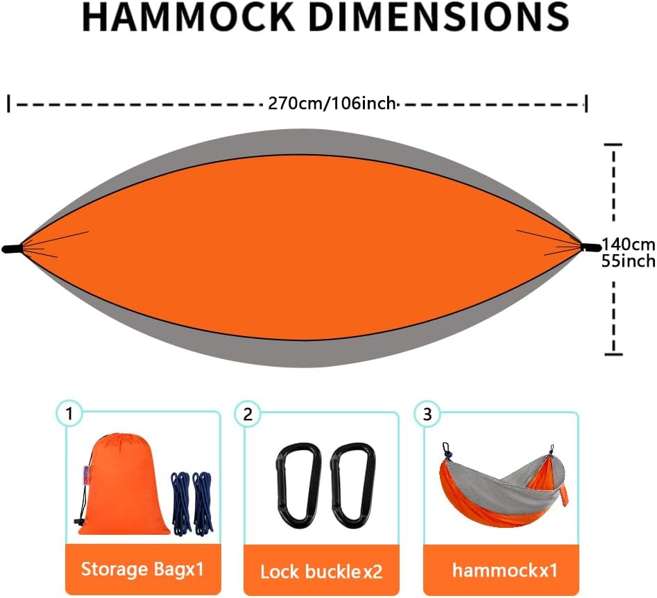 Camping Hammock, Portable Hammocks with Tree Straps & Attached Carry Bag, Travel Tree Hammocks for Outside Indoor Hiking Beach Backpack Travel(Orange, Nylon)