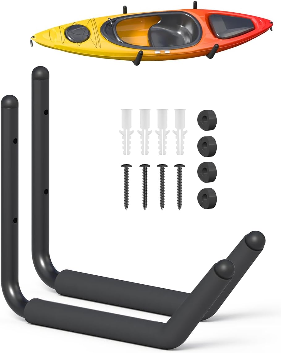 Heavy Duty Kayak Storage Rack with EVA Foam & Rubber Bushing, Wall Mount Kayak Hangers Large Hooks for Garage Hanger Canoe, Surfboard, Skiboard, Snowboard, Paddle Board, Ladders, Bike