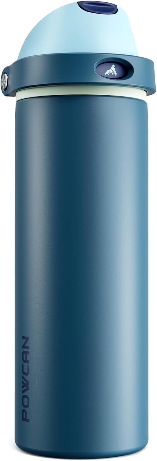 POWCAN 24 oz Insulated Stainless Water Bottle: 2-in-1 Push-Button Spout & Quick-Flip Straw, Leakproof, Cold 24 Hrs, Fits Car Cup Holder, Reusable Metal Bottle for Sports, School Gift (Denim Blue)