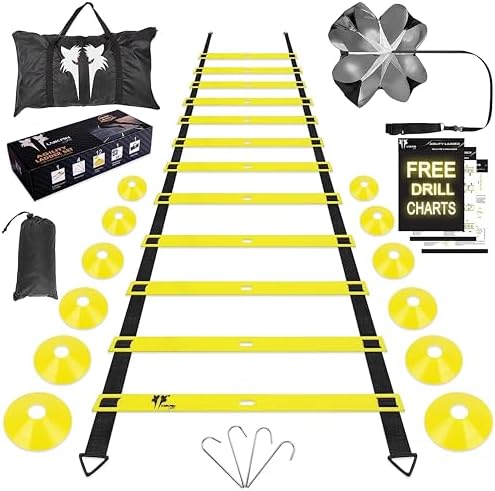 20ft Sports Agility Ladder for Men Women and Kids, Speed Youth Soccer Agility Training Equipment for Football, Exercise, Tennis, Legs Workout with Speed Parachute and Carry Bag
